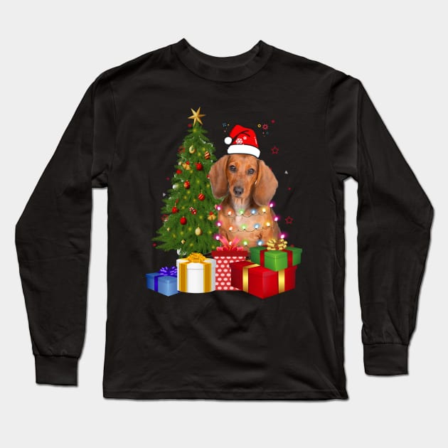 Dachshund Christmas Tree Santa Hat Funny Xmas Gift Dog T-Shirt Long Sleeve T-Shirt by CoolTees